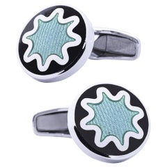 Boutons de manchette en argent Alex Jona en émail noir et bleu clair Splash