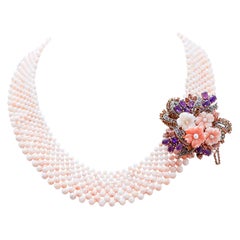 Coral, Pearls, Amethysts, Topaz, Diamonds, Rose Gold and Silver Necklace.