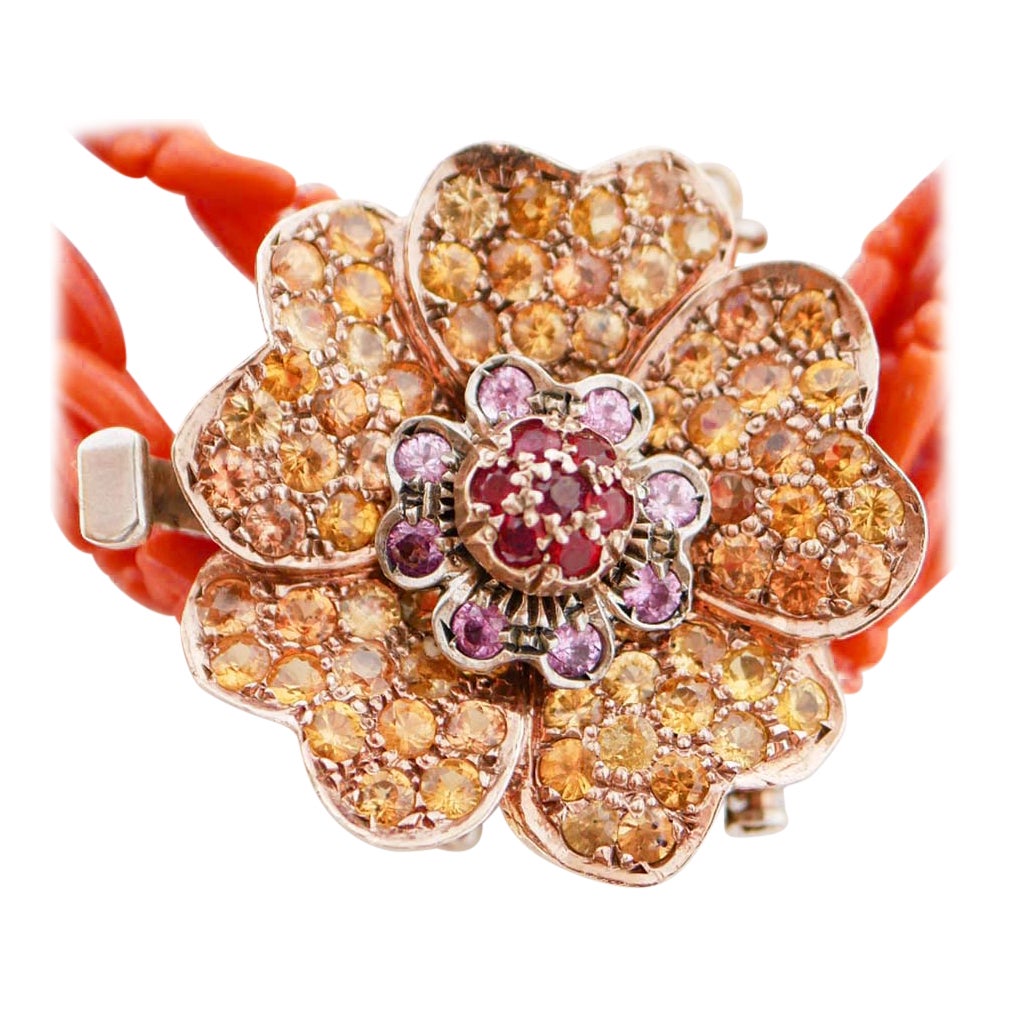 Coral, Multicolor Sapphires, Rose Gold and Silver Necklace. For Sale