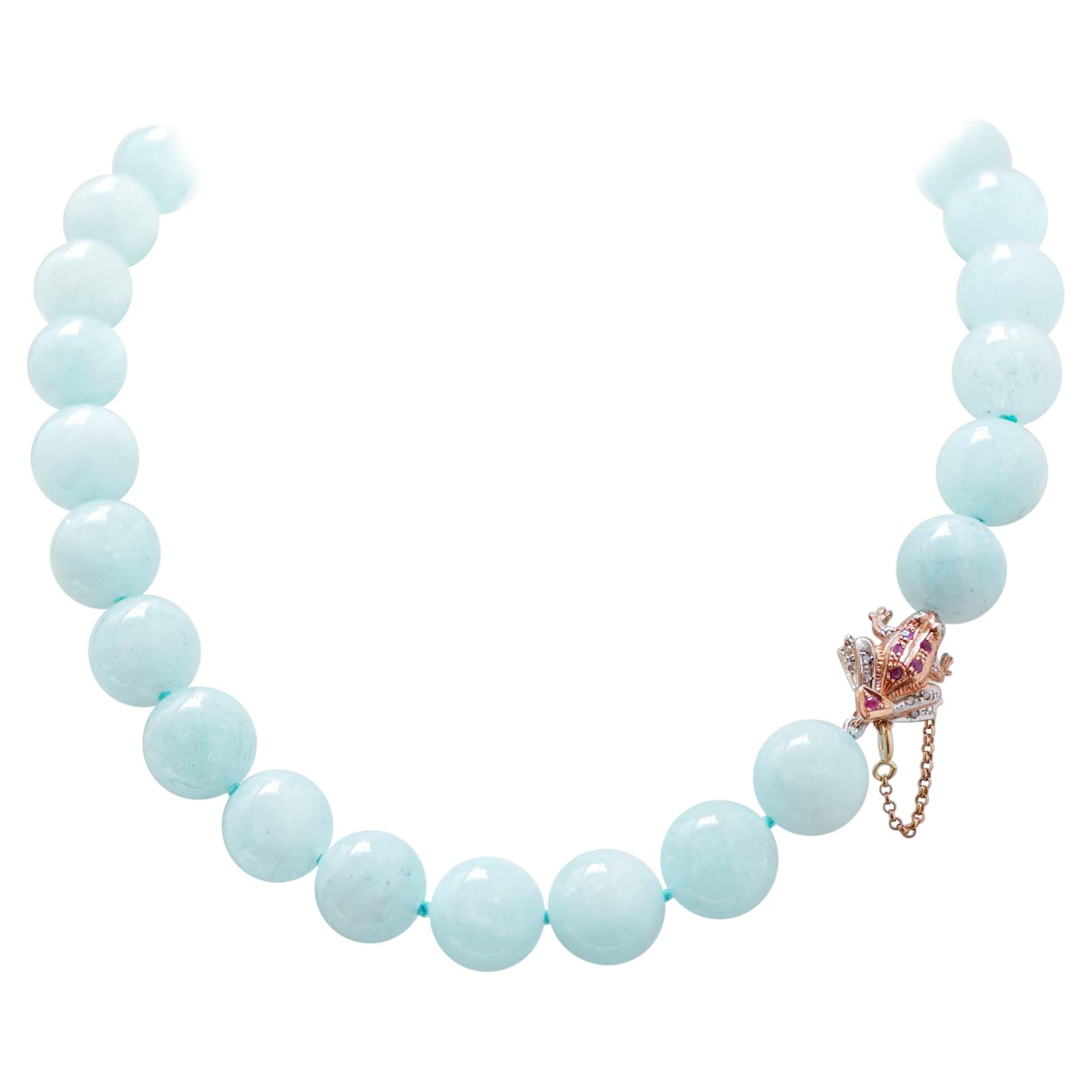 Aigue-marine, rubis, diamants, collier en or rose et argent. en vente