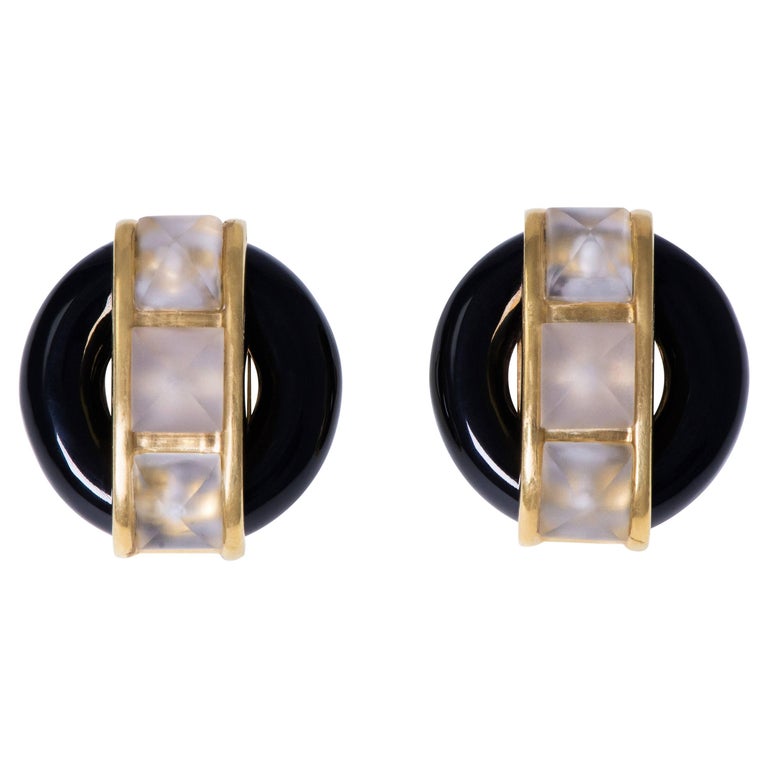 Large Aldo Cipullo Cartier Onyx Faceted Rock Crystal Gold Earclips For Sale