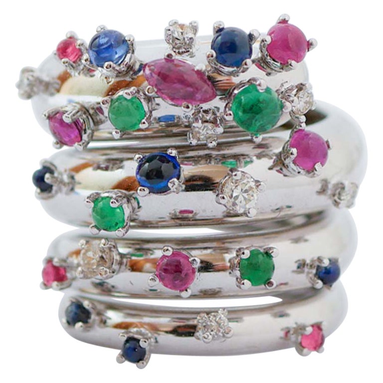 Emeralds, Rubies, Sapphires, Diamonds, 18 Karat White Gold Band Ring. For Sale