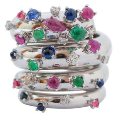 Emeralds, Rubies, Sapphires, Diamonds, 18 Karat White Gold Band Ring.