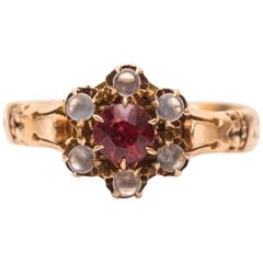 Antique 1890s Moonstone Garnet Yellow Gold Cluster Ring