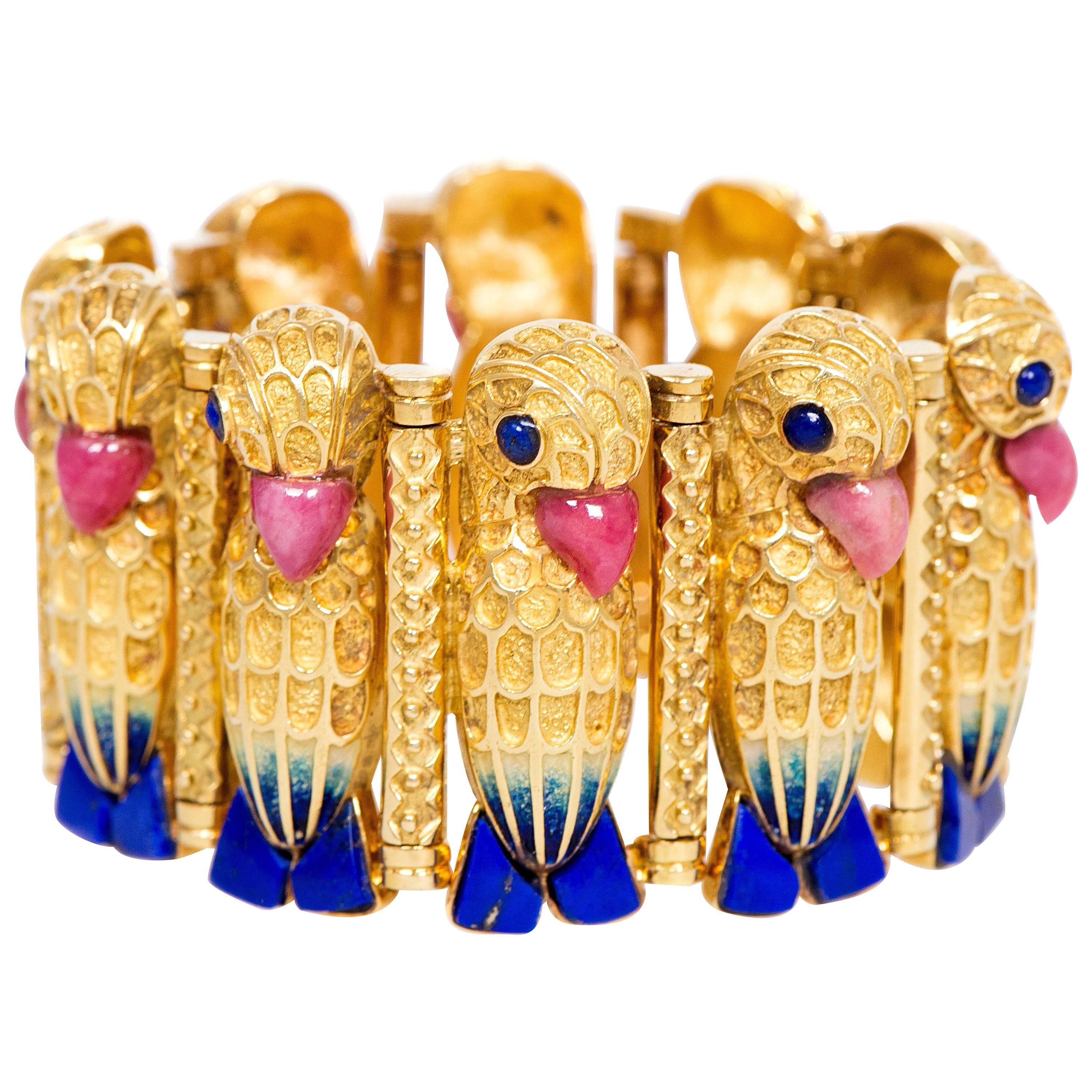 1970s Enamel Rhodochrosite Gold Parrot Bracelet