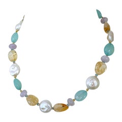 Marina J. Multi Stone & Baroque Pearl Necklace with Solid Gold Adjustable Clasp