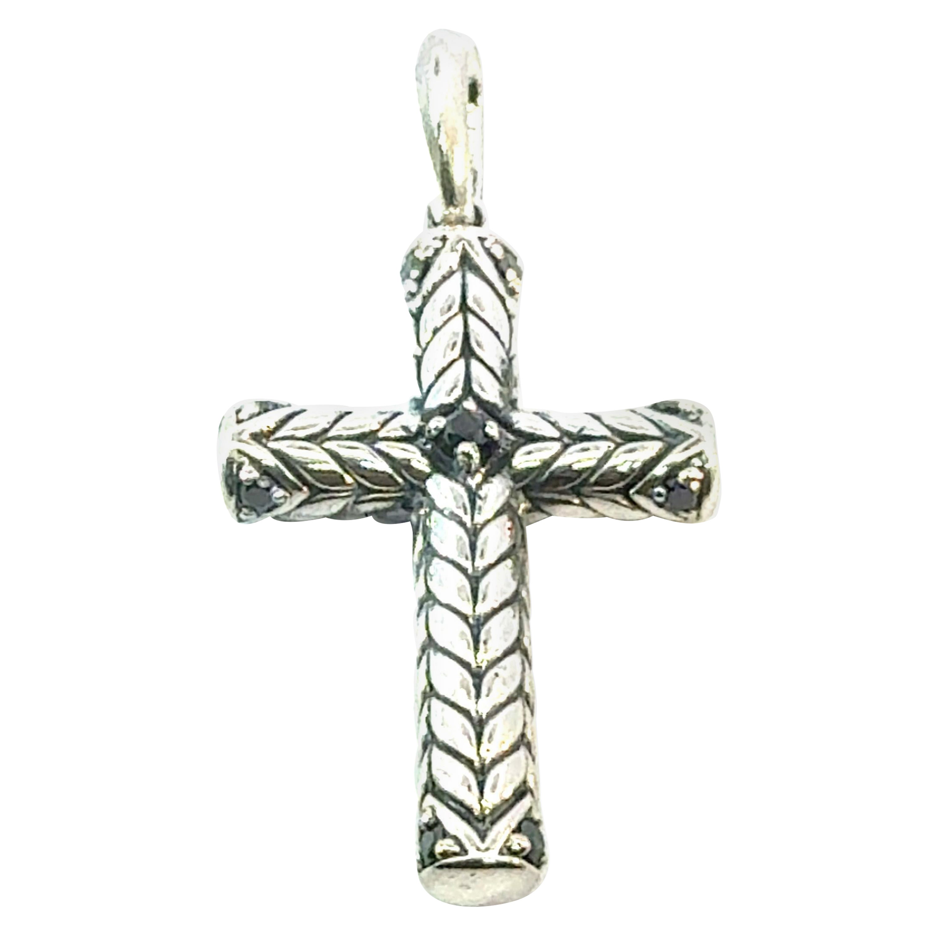 David Yurman Black Diamond Cross Pendant Sterling Silver Estate in vendita