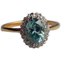 Art Deco Blue Zircon Diamond Gold Platinum Cluster Ring 7