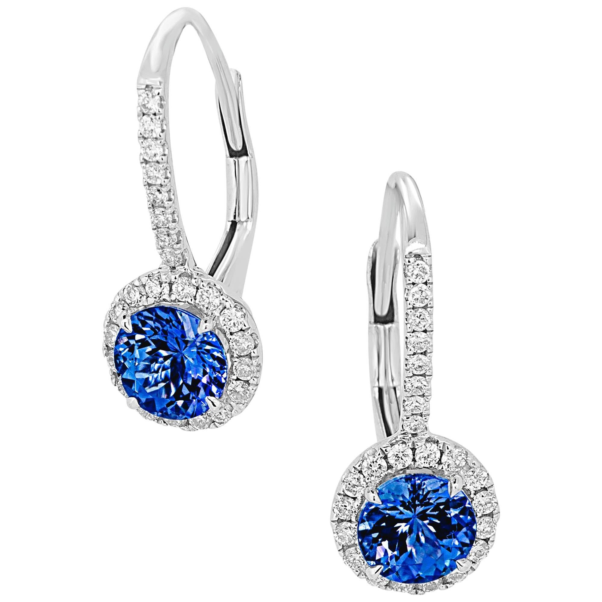 Tanzanite Round Diamond Halo White Gold Drop Dangle Fashion Lever back Earring