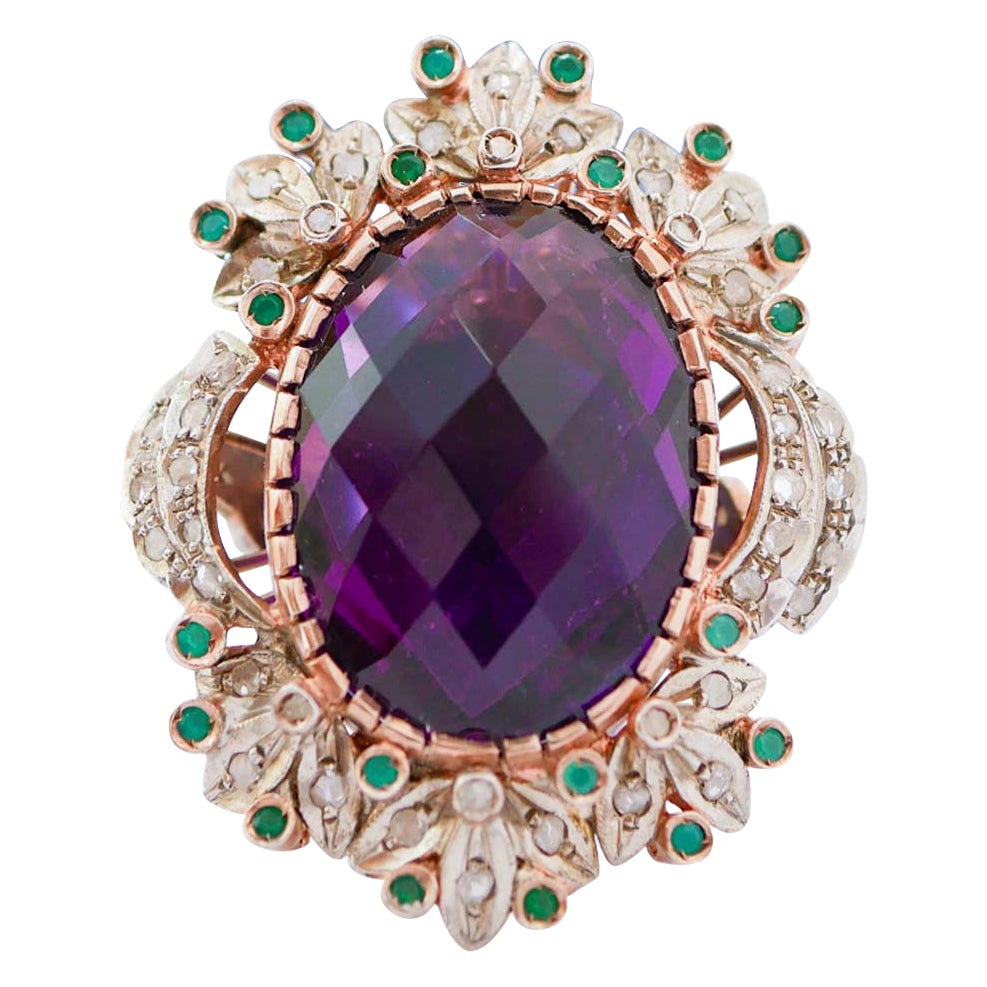 Anello in ametista, agata verde, diamanti, oro rosa 14 carati e argento. in vendita