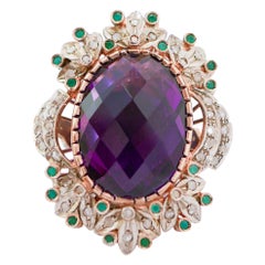 Anello in ametista, agata verde, diamanti, oro rosa 14 carati e argento.