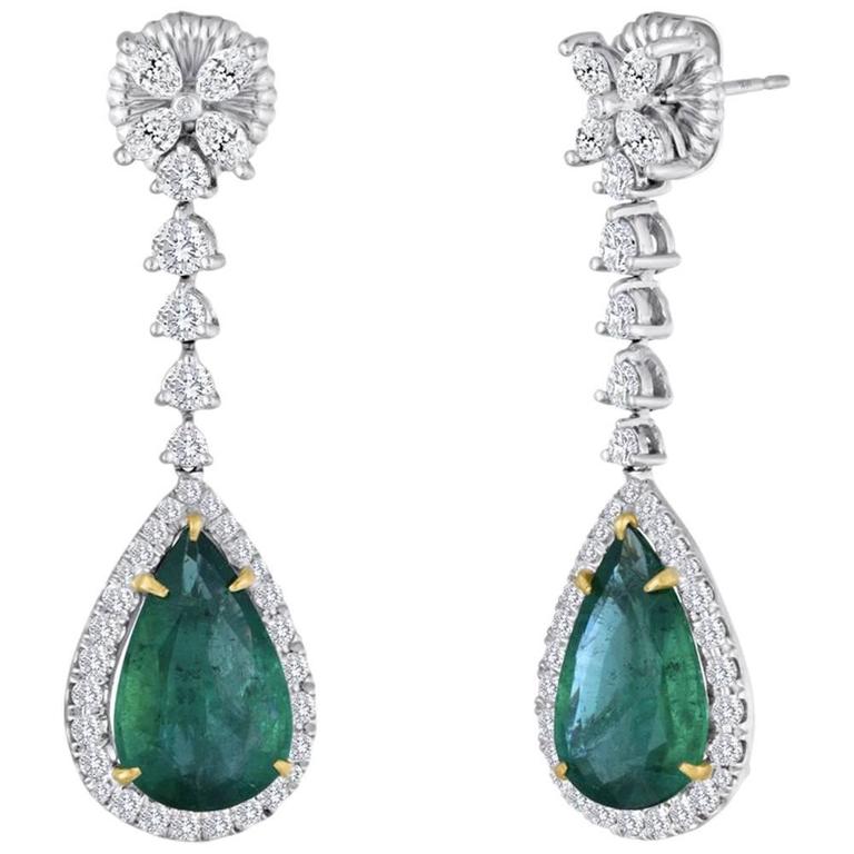 Emerald Pear Shape Diamond Halo Two Color Gold Dangle Earring For Emerald Pear Shape Diamond Halo Two Color Gold Dangle Earring For