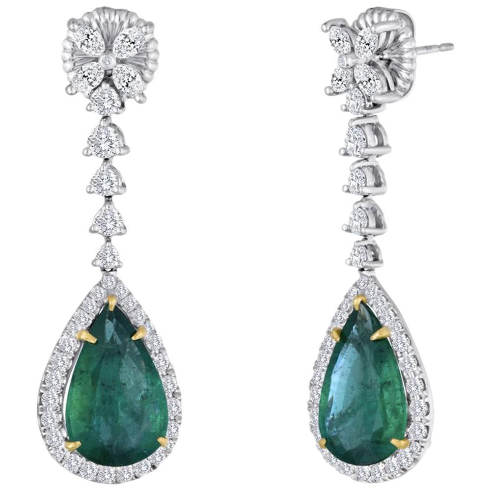 Emerald Pear White Diamond Halo Two Color Gold Fashion Dangle Drop Earring