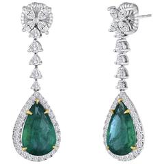 Emerald Pear Shape Diamond Halo Two Color Gold Dangle Earring 11