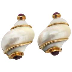 Large Seaman Schepps Turbo Shell Ruby Gold Earrings