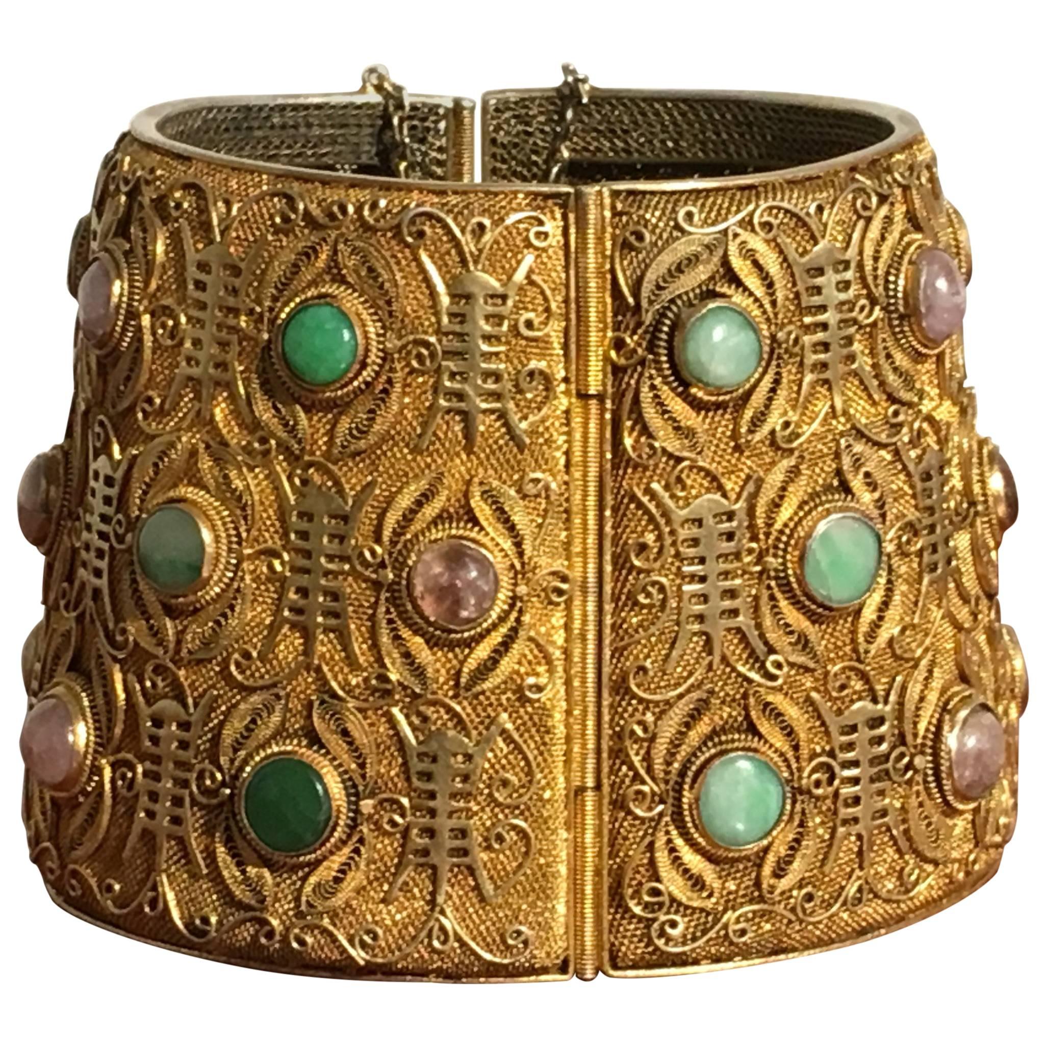 Large Chinese Export Gilt Silver Cuff with Jadeite and Tourmaline, 1940s
