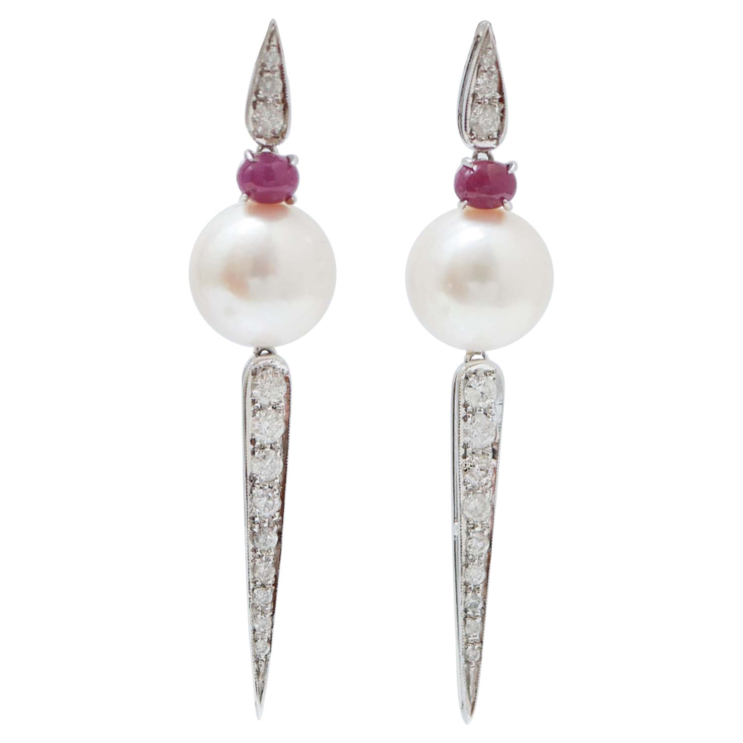 12 Mm Pearls, Rubies, Diamonds, Platinum Earrings.