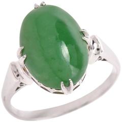 Vintage Green Jade Cabochon Platinum Ring