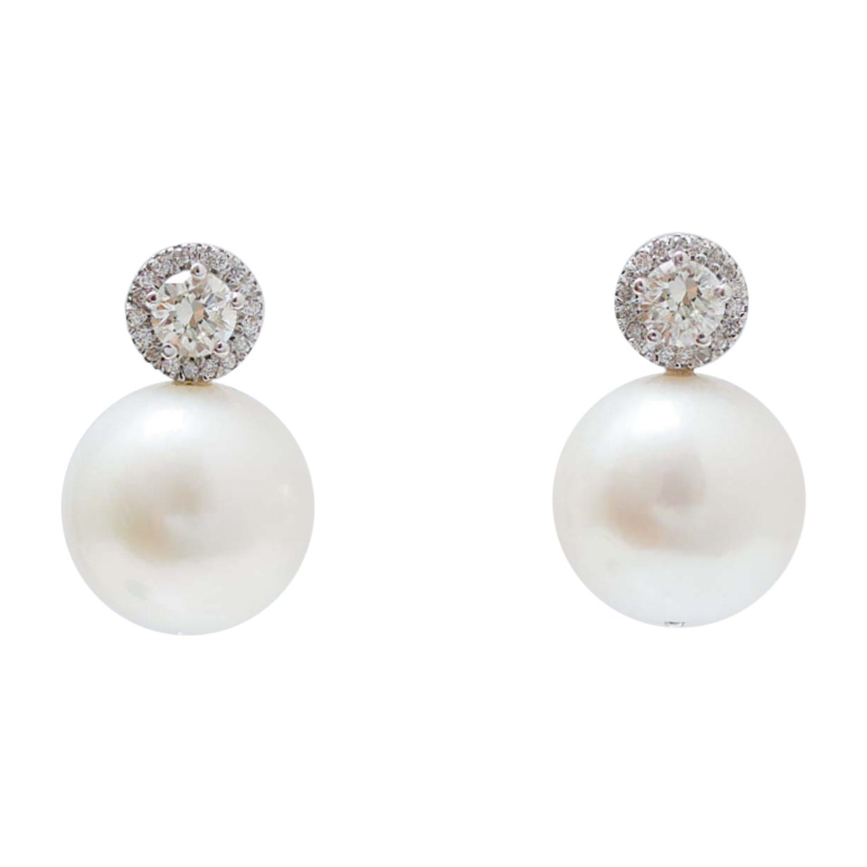 14 Mm Pearls, Diamonds, 14 Karat White Gold Earrings. For Sale
