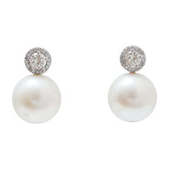 14 Mm Pearls, Diamonds, 14 Karat White Gold Earrings.