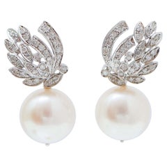 14 Mm Perles, Diamants, Platine Boucles d'oreilles.