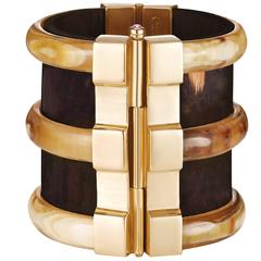 Fouche Bespoke Diana Vreeland Horn Emerald Wood Cuff Bracelet