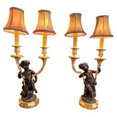 Antique Pair Of French Napoleon III Ormolu Gilt Bronze Cherub Putti Lamps 1860
