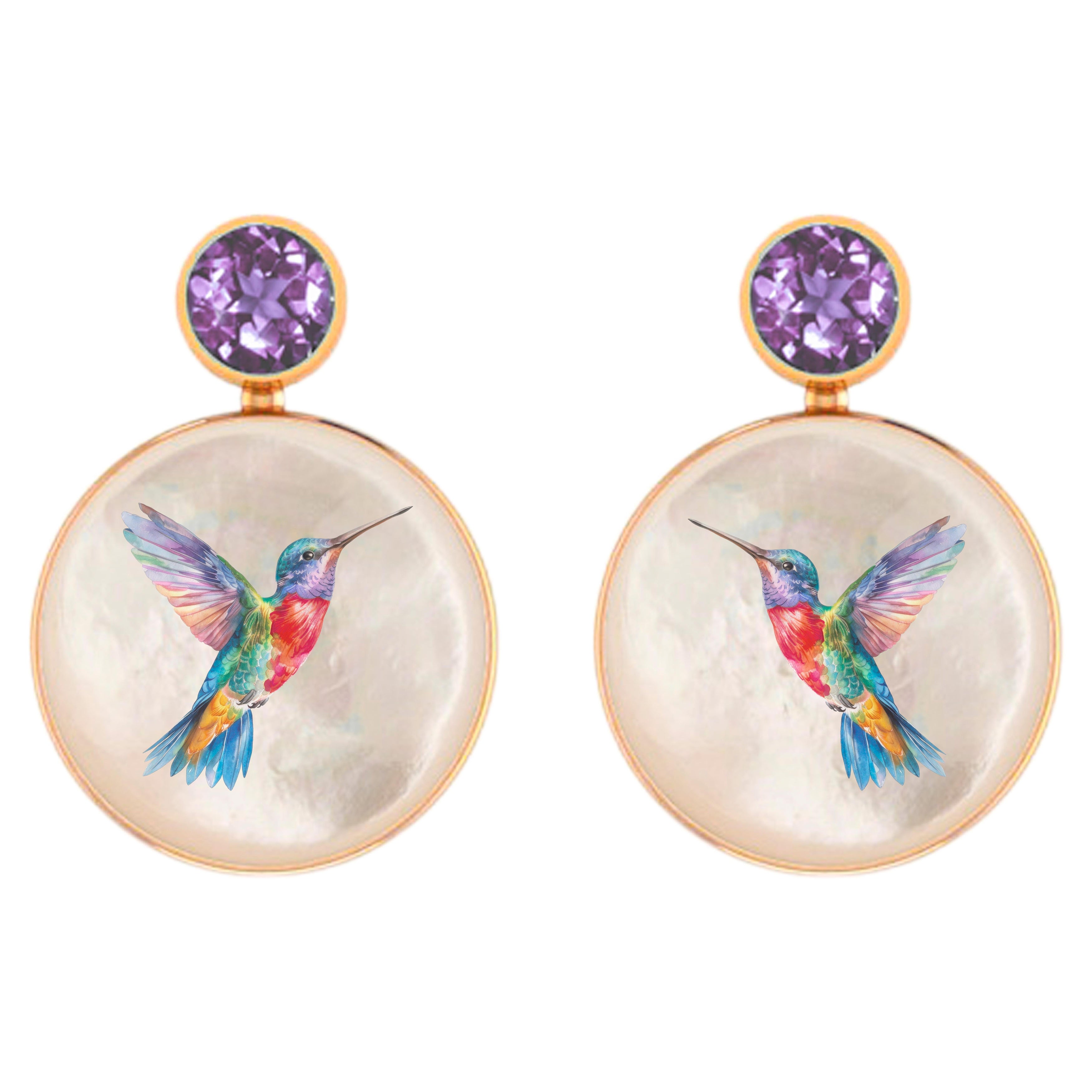 Mother Of Pearl Shell Stud Earrings with amethyst and hummingbird painting.
