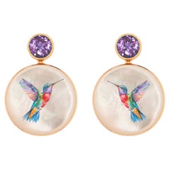 Mother Of Pearl Shell Stud Earrings with amethyst and hummingbird painting.