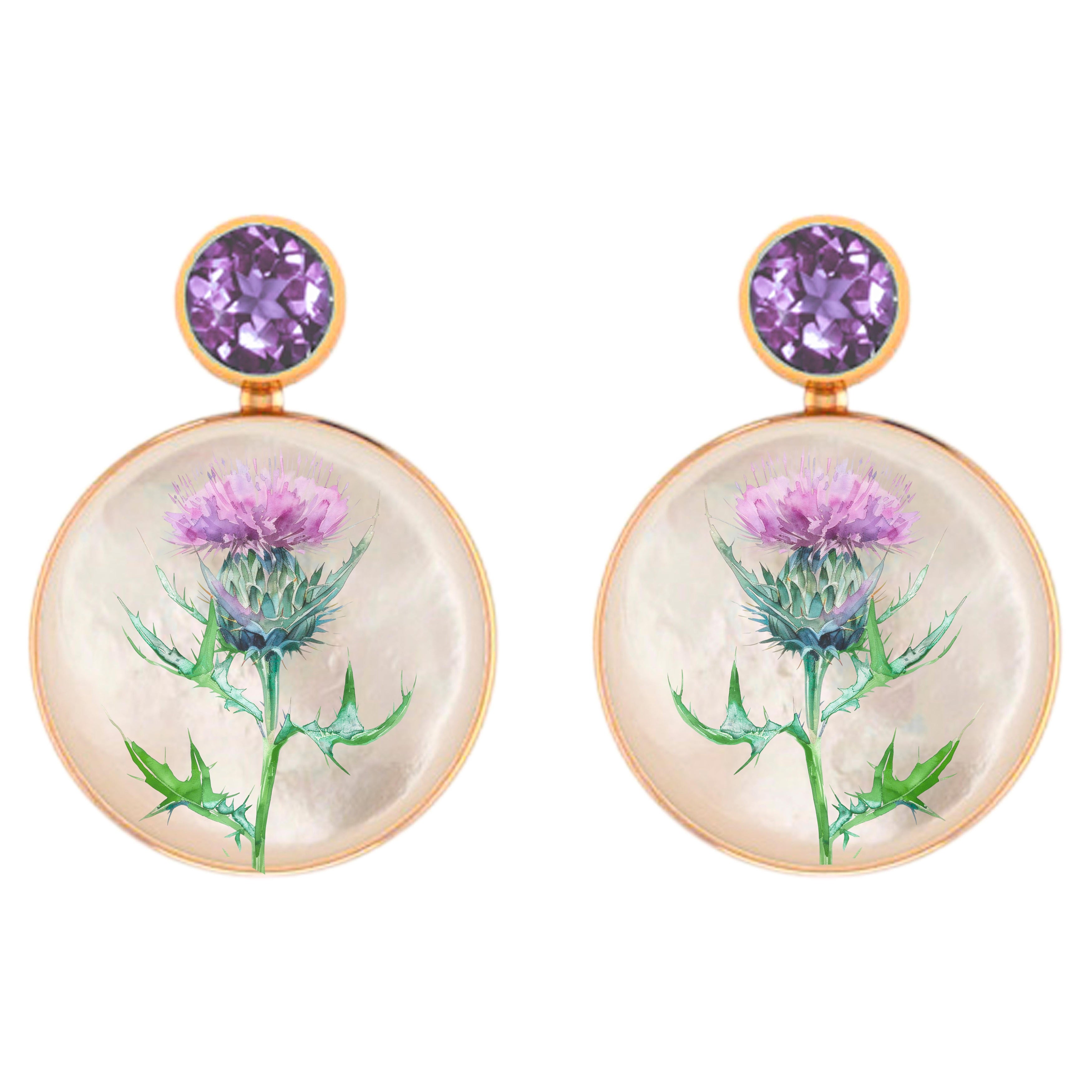 Mother Of Pearl Shell Stud Earrings with amethyst and thistle flower painting.