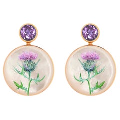 Mother Of Pearl Shell Stud Earrings with amethyst and thistle flower painting.