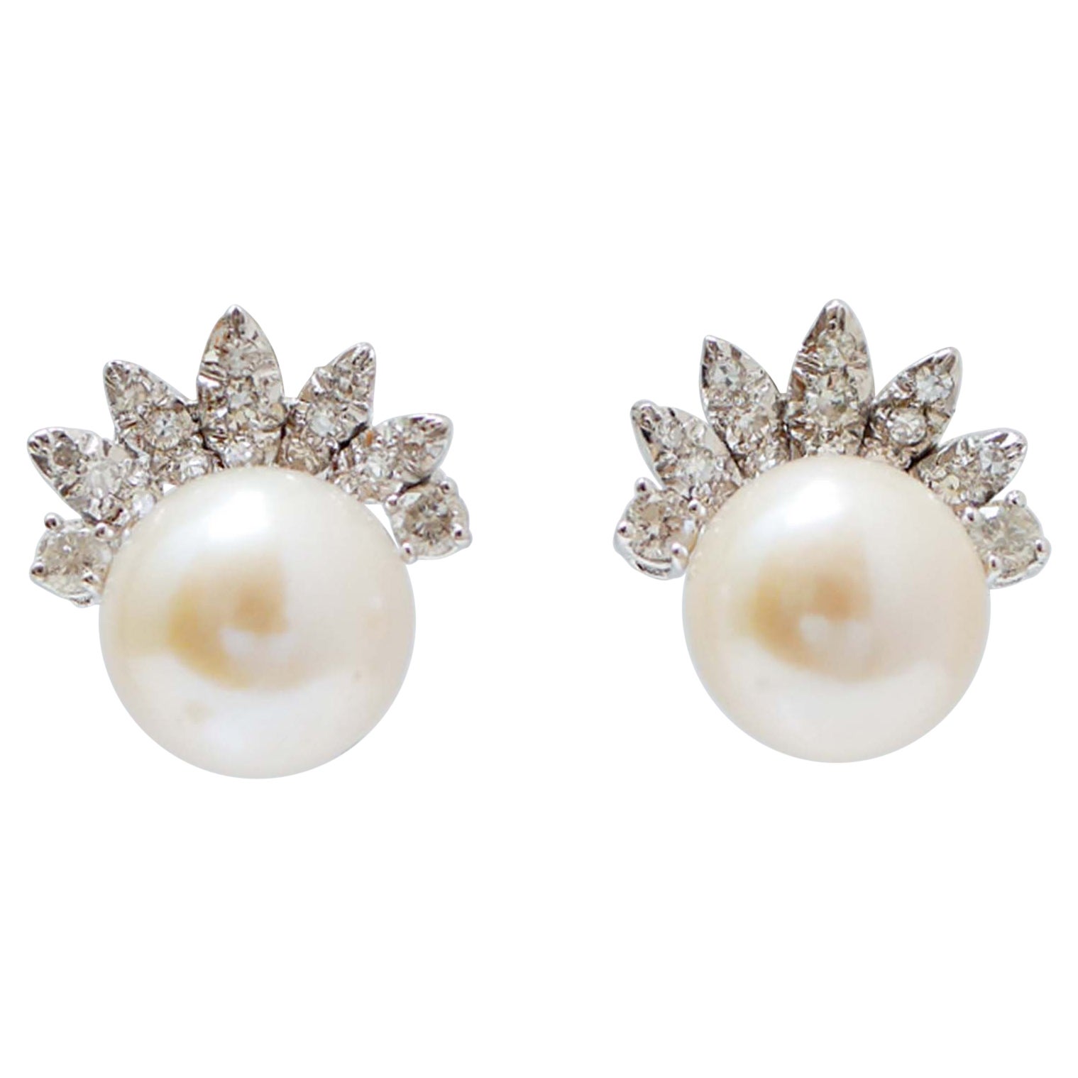12 Mm Pearls, Diamonds, 18 Karat White Gold Earrings. For Sale