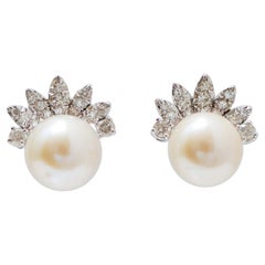 12 Mm Pearls, Diamonds, 18 Karat White Gold Earrings.
