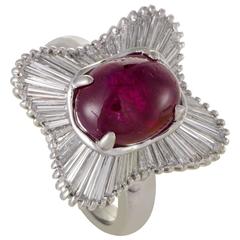  Diamond Platinum Baguette and Ruby Cabochon Cocktail Ring