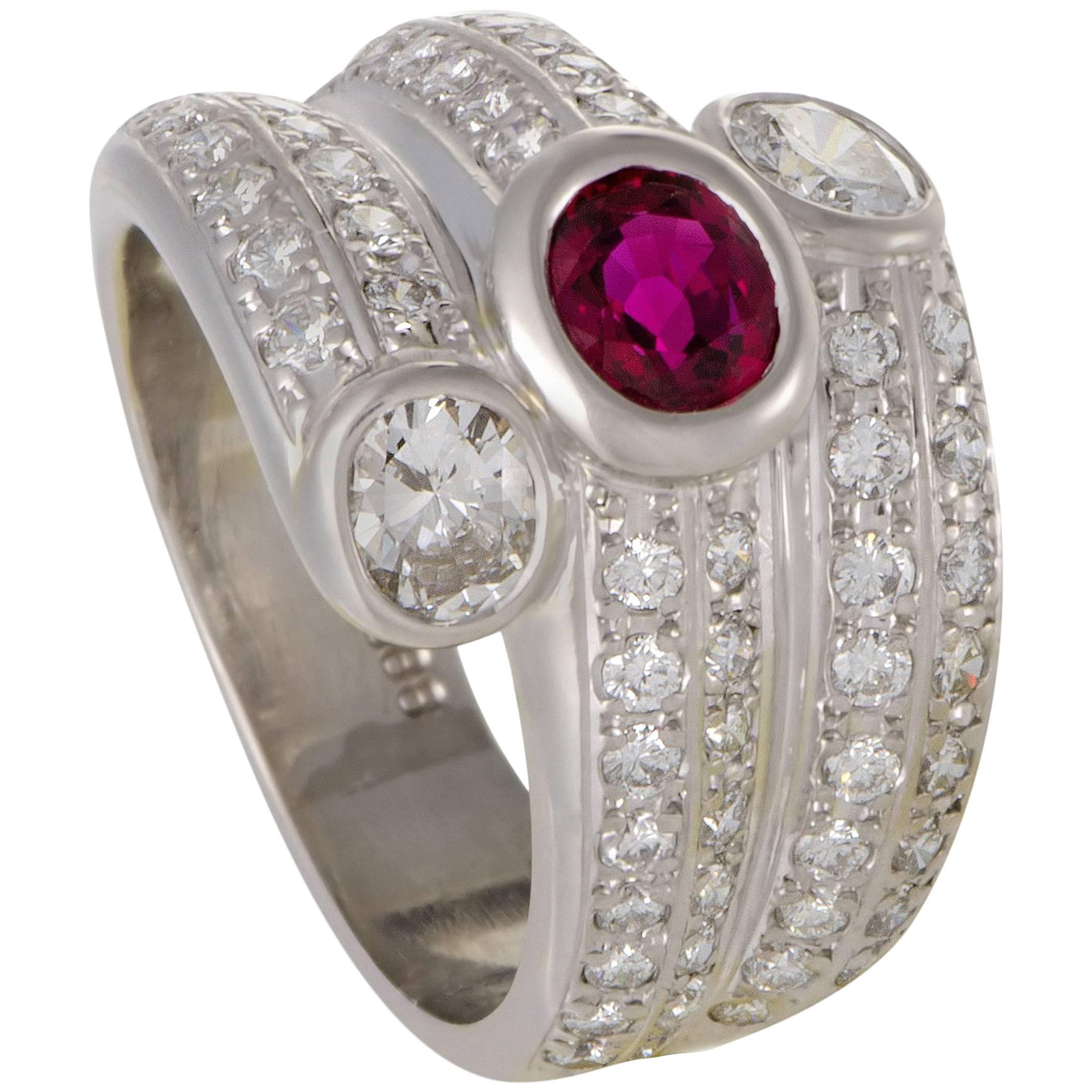 Platinum Diamond Pave and Ruby Band Ring