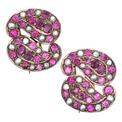 Antique VIctorian Pair of Ruby and Pearl Paisley Brooches
