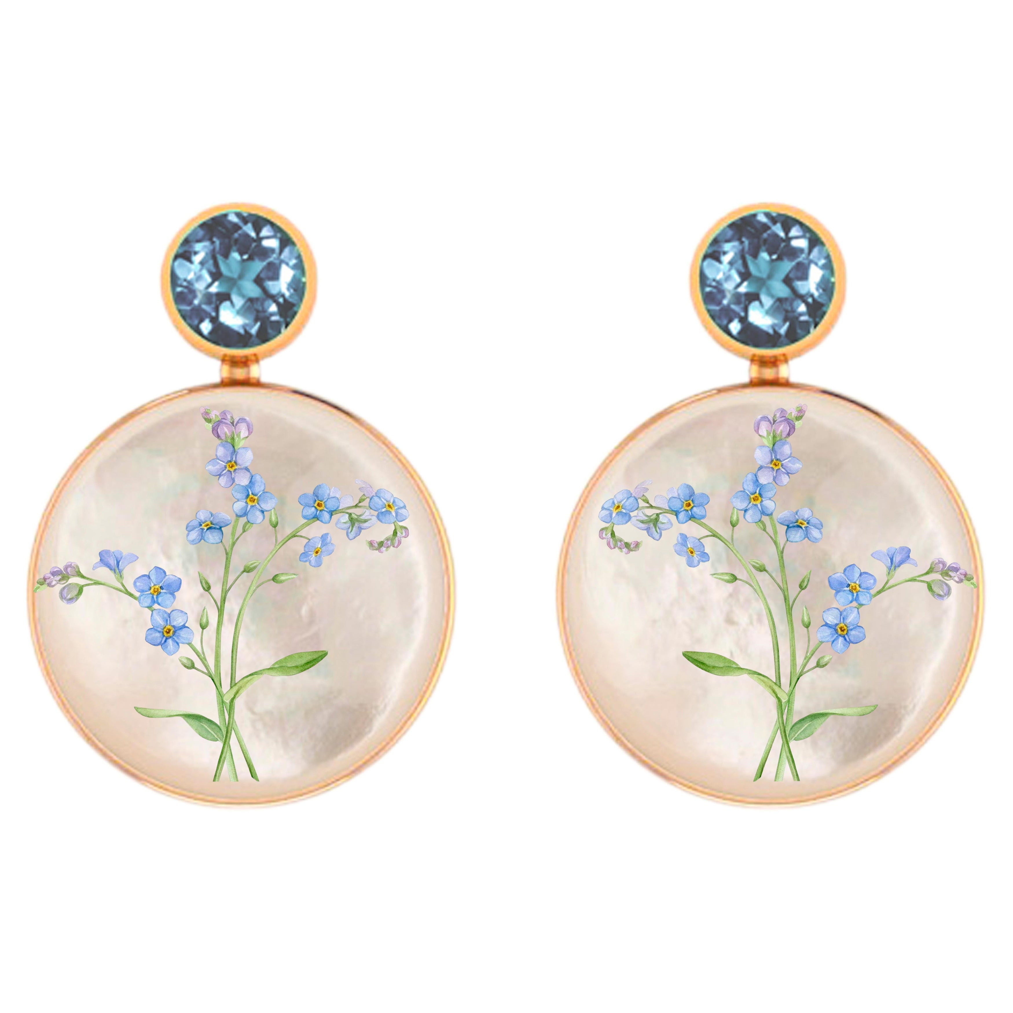 Mother Of Pearl Shell Stud Earrings with topaz and forget-me-nots painting.