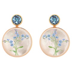 Mother Of Pearl Shell Stud Earrings with topaz and forget-me-nots painting.