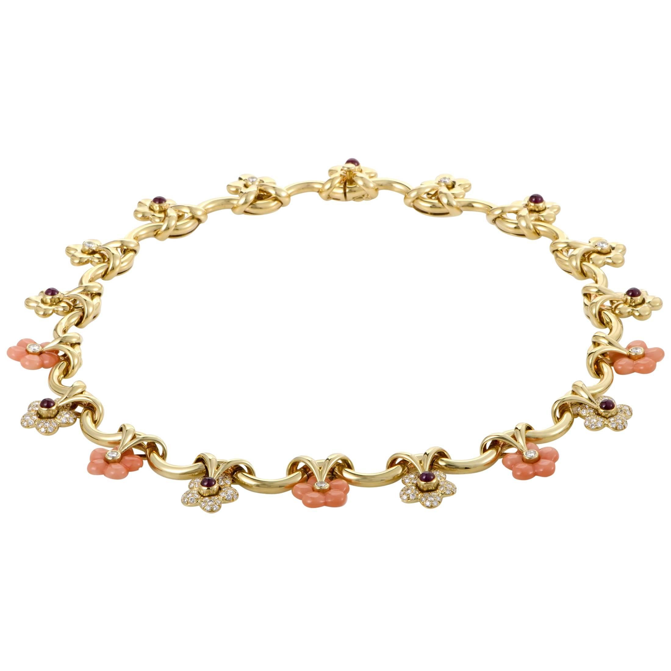 Yellow Gold Diamond Ruby and Coral Collar Necklace