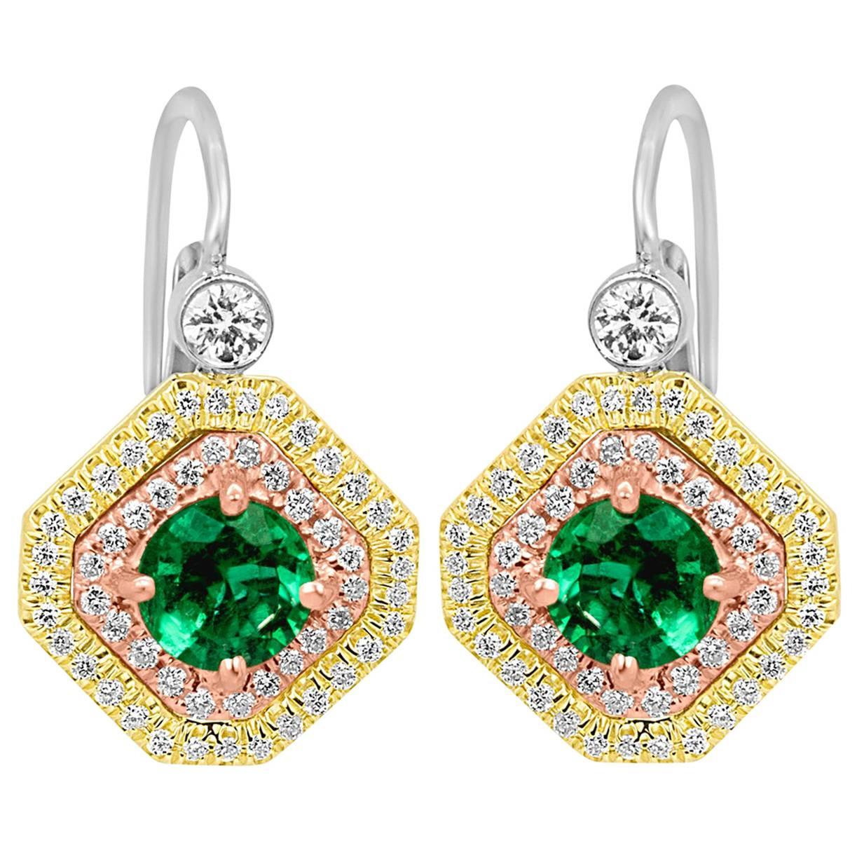 Emerald Round Diamond Double Halo Three Color Gold Fashion Dangle Drop Earring