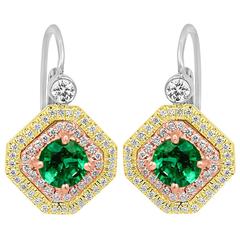 Emerald Diamond Double Halo Three Color Gold Earring 5