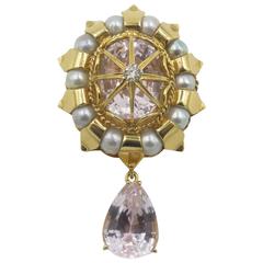 Tony Duquette Kunzite Pearl Diamond Gold Brooch 5