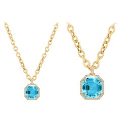 Ciondolo con diamanti in oro giallo 18 carati e taglio Asscher di Topazio Blu
