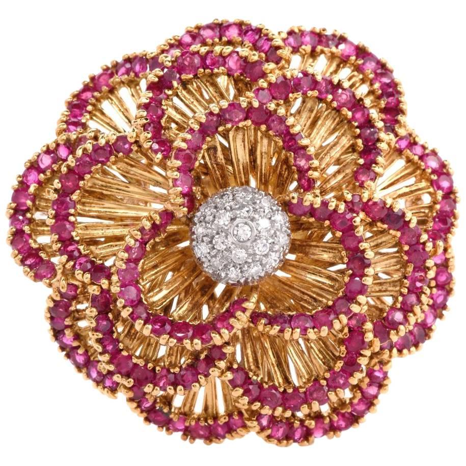 1960s Italian Ruby Diamond Gold Floral Brooch Pin