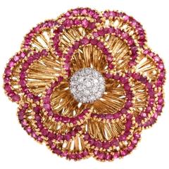 1960s Italian Ruby Diamond Gold Floral Brooch Pin 1960s Italian Ruby Diamond Gold Floral Brooch Pin