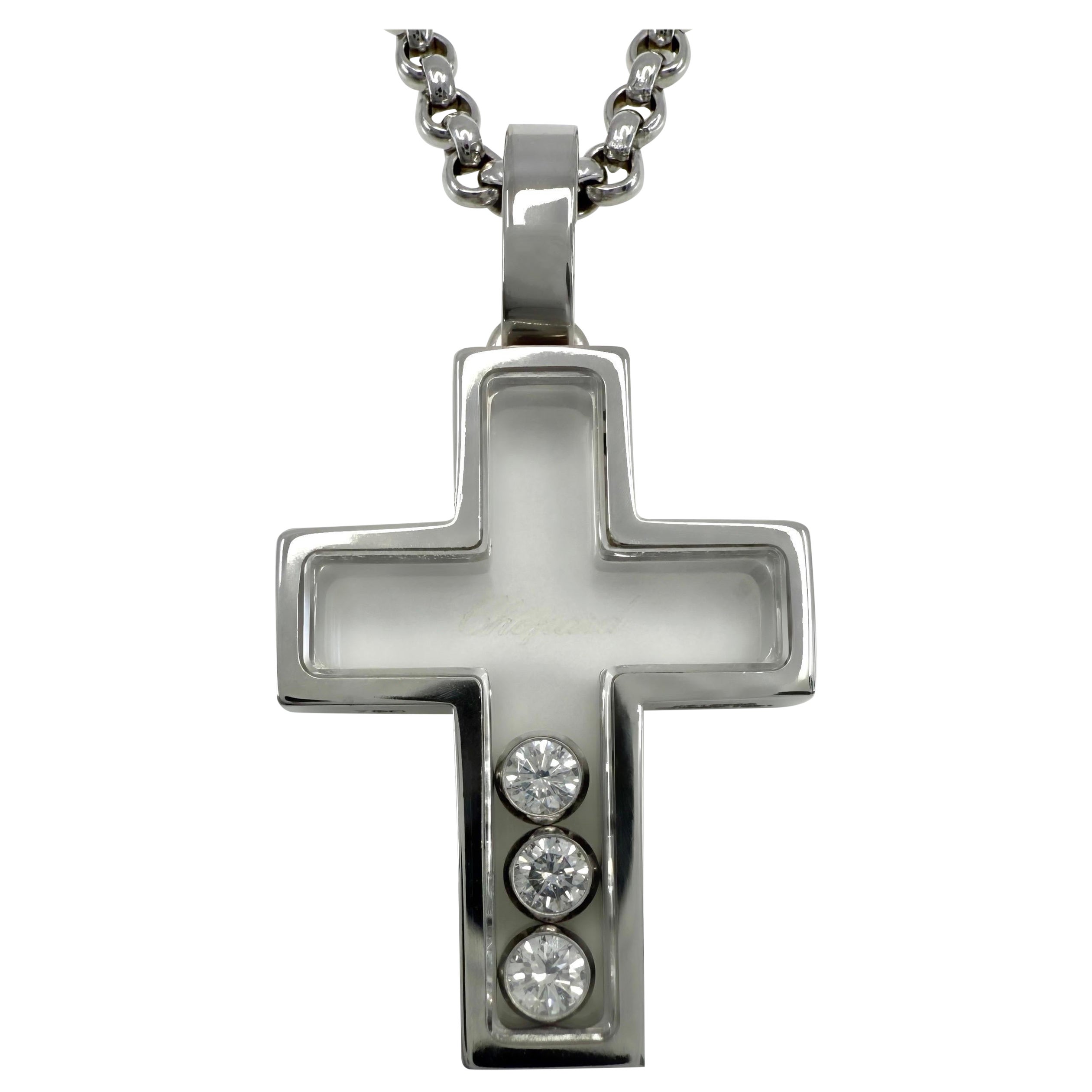Rare Vintage Chopard Happy Diamonds Cross 18 Karat White Gold Pendant Necklace For Sale