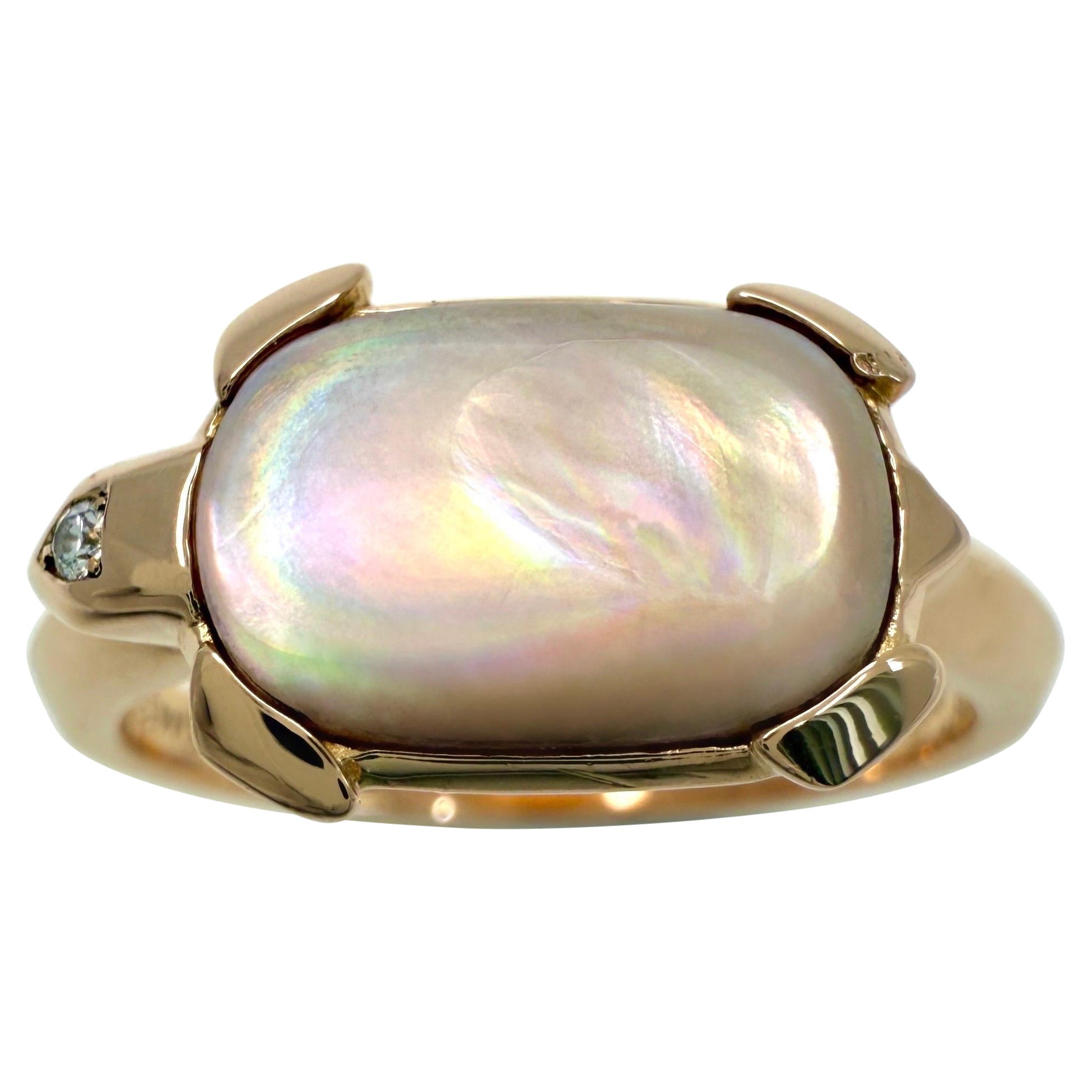 Rare Vintage Cartier Tortue Mother of Pearl & Diamond 18k Rose Gold Ring 54 N1/2 For Sale