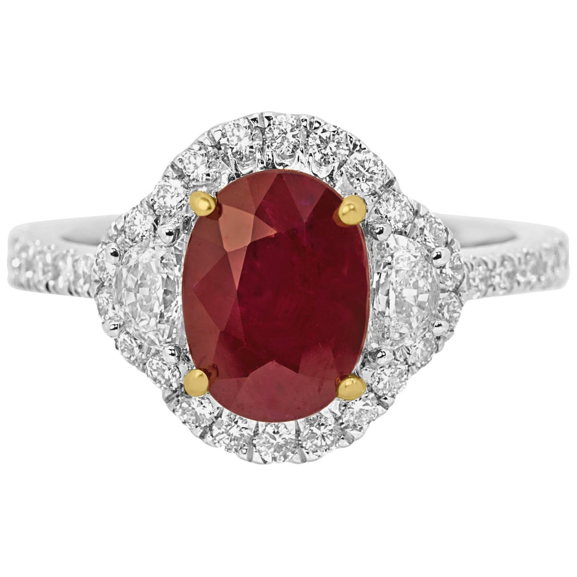 Ruby Oval Diamond Halo Two Color Gold Three Stone Bridal Fashion Cocktail Ring