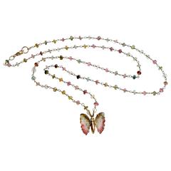 Gold Pink Green Watermelon Tourmaline Butterfly Necklace Gold Pink Green Watermelon Tourmaline Butterfly Necklace