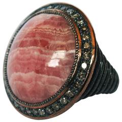 Rhodochrosite Diamond Oxidized Rose Silver Ring One of a Kind Handmade in NYC